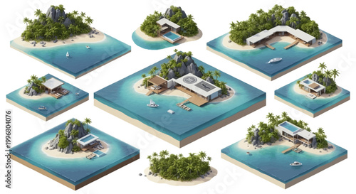 Isometric islands showcasing luxury villas and tropical vegetation in a stylized digital rendering, set against turquoise water and sandy beaches with a clean, modern aesthetic