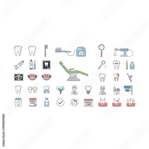 Comprehensive dental care and orthodontics icon set with orthodontics, treatment