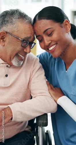Wheelchair, hug and nurse with senior man in nursing home for support, care and connection. Retirement, healthcare and caregiver with elderly person with disability for embrace, empathy and trust