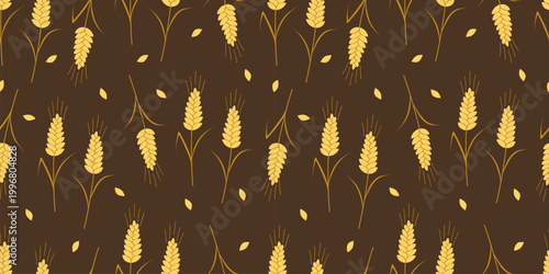 Vector seamless pattern with agricultural wheat and grain ears. Background bread or beer packaging, farming, organic food concepts.