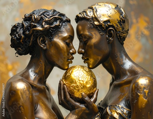 Bronze sculpture of two women tenderly cradling a golden sphere, set against a blurred, abstract background