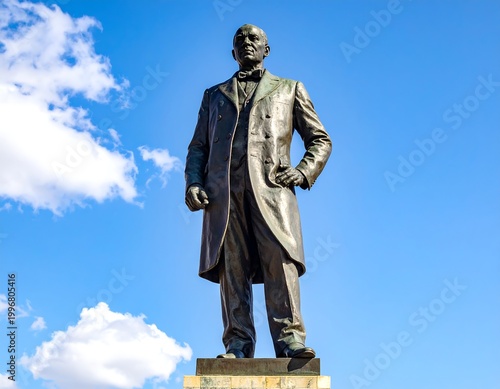 Bronze statue of a man in formal attire stands proudly against a backdrop of a bright blue sky dotted with fluffy white clouds