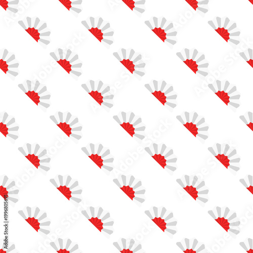 Seamless pattern of folded Japanese fans with white petals and red centers isolated on transparent background
