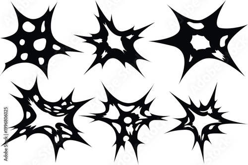 Abstract black spiky starburst vector shapes collection isolated on white background edgy tribal splash symbols for logo tattoo sticker graphic design elements pack modern sharp dynamic grunge clipart