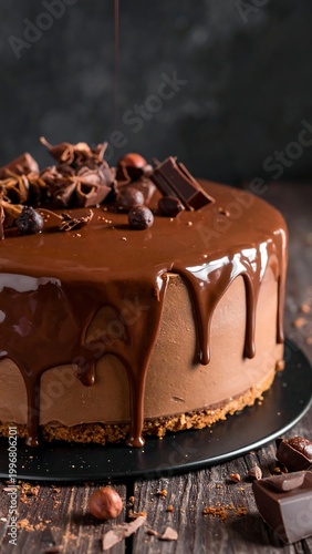 Close-up of a decadent chocolate cake. Dark glaze drips over the edges, topped with chocolate chunks and nuts