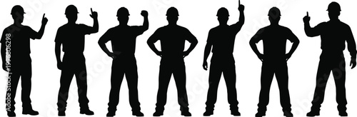Horizontal row of black silhouettes featuring professional construction workers and engineers wearing hard hats and safety gear while gesturing and standing in various poses.