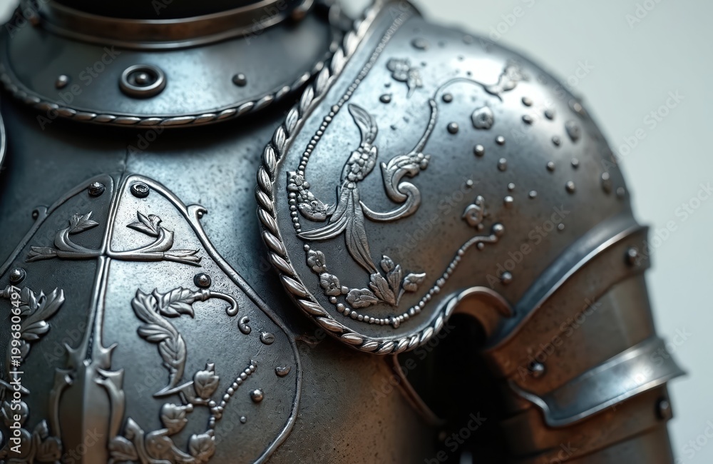 Naklejka premium Detailed close-up of ornate medieval knight armor shoulder pauldron. Intricate floral engraving adorns polished steel, showing craftsmanship, strength. Metal surface texture, historical protection,