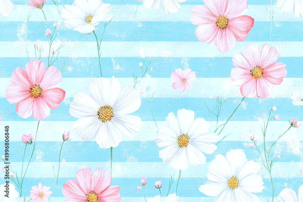 Fototapeta premium soft hand painted cosmos flowers on light blue striped background airy botanical illustration with pastel tones and textured brush strokes elegant floral design for textile wallpaper decor