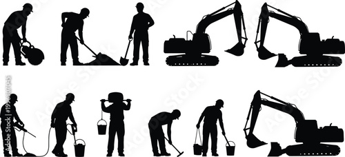 Large collection of black silhouettes featuring construction workers operating heavy machinery excavators and manual tools like shovels jackhammers and saws for building site projects.