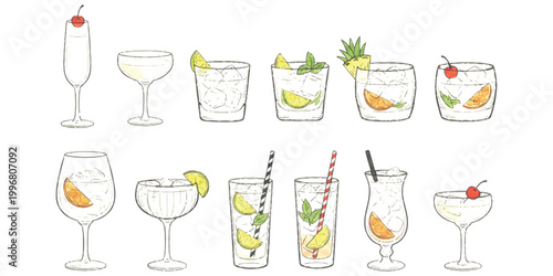 Set of hand drawn cocktail glasses with fruit garnish and straws in a simple sketch style