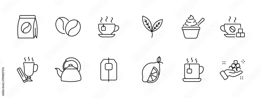 Fototapeta premium Coffee tea beverage set icon. Beans cup leaf cupcake mug kettle bag lemon spice drink hand depict cafe hot refreshment aroma.