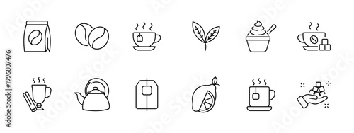 Coffee tea beverage set icon. Beans cup leaf cupcake mug kettle bag lemon spice drink hand depict cafe hot refreshment aroma.