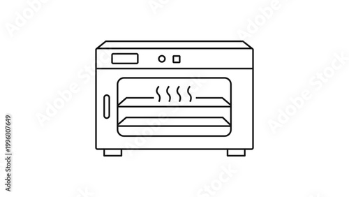 Laboratory Incubator Minimalist Black Line Vector Icon on White Background. This Editable Stroke Vector Icon represents a rectangular lab incubator with internal shelves and heat symbols.