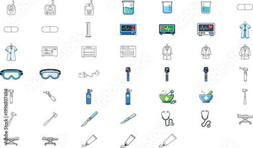 45 Medical and Laboratory Vector Icon Set Bundle. Minimalist Line Art for Healthcare, Science, and Pharmacy. Features Editable Stroke, Adjustable Weight, Stethoscope, Beaker, and Hospital Equipment.