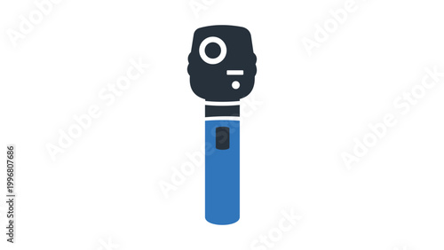 Modern flat vector icon illustration of an ophthalmoscope, a professional handheld medical device used for eye examinations and retinal health checks, isolated on a white background for design.