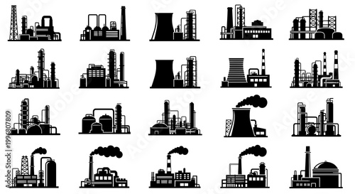 Factory, power plant industrial icons. Factory, power plant, oil refinery and oil processing plant industrial icon. JPEG version.