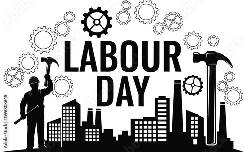 labour day celebration with worker silhouette and industrial elements
