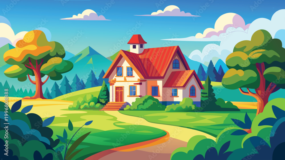 Naklejka premium Cozy country house with a red roof in a green summer landscape with trees and mountains