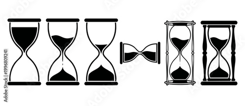 Hourglass icon set, black silhouettes of sand timers showing different stages of time flow, isolated on white background, vintage and modern style time measurement collection for business productivity