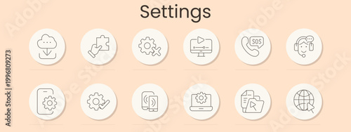 Settings icon. Cloud upload, puzzle integration, gear tools, media player, sos call, support operator, mobile setup, gear check, smartphone control, system configuration, folder files, global access