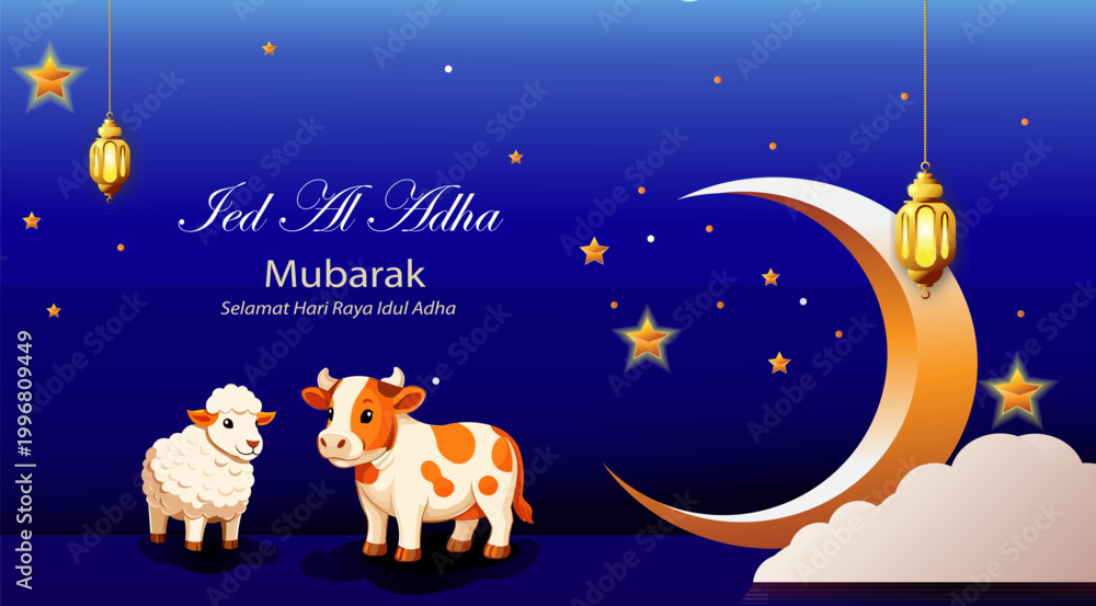 Naklejka premium Islamic Holy Day Eid Al Adha background with cute sacrificial animals and mosque