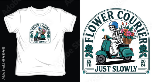 Skeleton flower courier on vintage scooter delivering flowers just slowly established 2024.