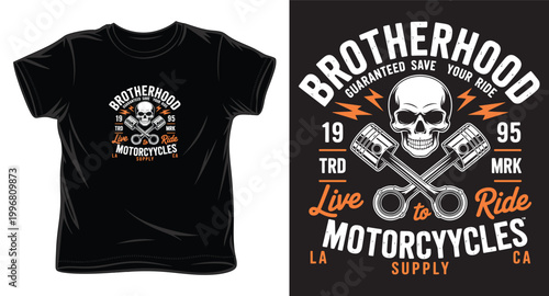 Brotherhood motorcycle t-shirt design featuring skull and crossed pistons with orange accents for biker apparel.