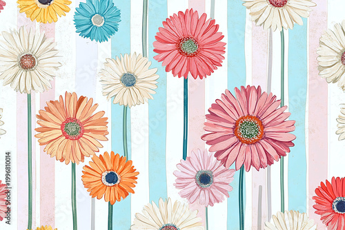 colorful gerbera flowers on soft pastel striped background watercolor floral illustration bright decorative botanical design for prints textile wallpaper and decor
