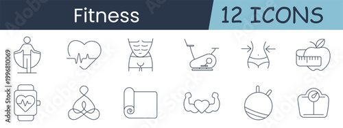 Fitness set icon. Collection with jump rope person, heart pulse, abs torso, exercise bike, waist arrows, apple measure, smartwatch heart, yoga pose, mat roll, flexed arms heart, ball, scale