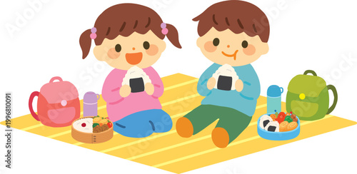 遠足でお弁当を食べる子供たちのベクターイラスト