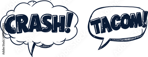 Comic book speech bubbles with onomatopoeia: crash and tacon