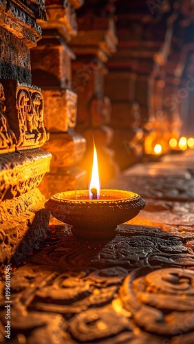 Close-up of a glowing oil lamp in an ornately carved stone structure, possibly a temple, with other lamps in the blurred background