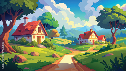 Quadro su tela Cute cartoon village with small houses on a green grassy hill under a bright blu