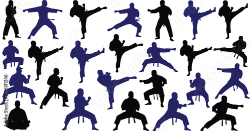 A group of martial arts silhouettes in various kicking and punching poses .