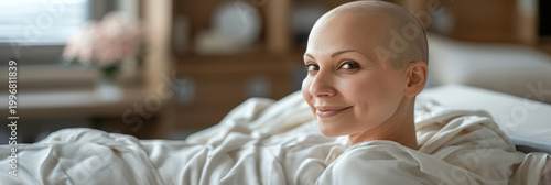 Bald young woman smiles confidently in hospital bed, surrounded by medical equipment.