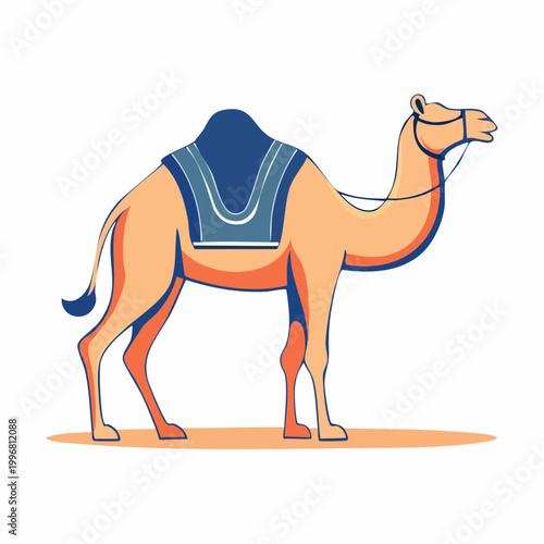Stylized illustration of a camel with a saddle
