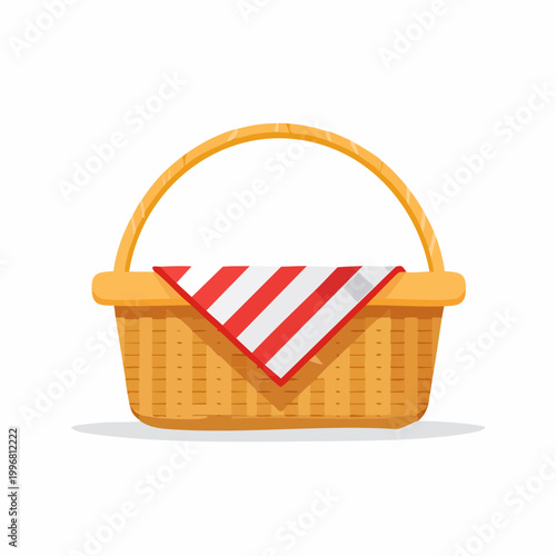 Wicker Picnic Basket with Red and White Striped Cloth