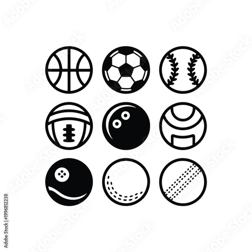 Sports ball icons set in black and white illustration style