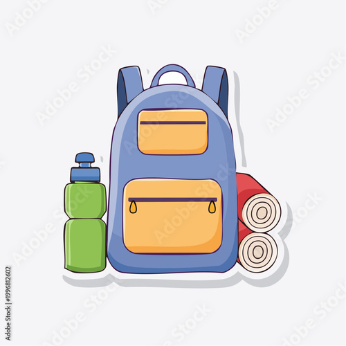 Backpack with Water Bottle and Rolled Mats