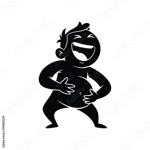 Smiling cartoon man laughing joyfully outside.