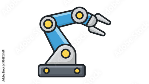 Industrial robotic arm vector icon illustration. A modern flat design of a mechanical jointed robot arm with a gripper, perfect for manufacturing, automation, and technology concepts on white.