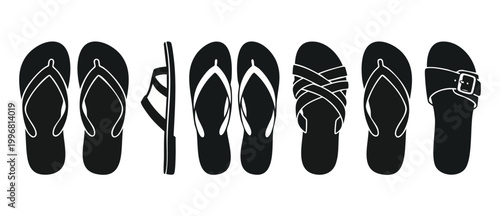 Flip flops sandals collection icons set, black summer footwear silhouettes for beach and vacation fashion design, isolated vector illustration of various casual open shoe styles on a white background.