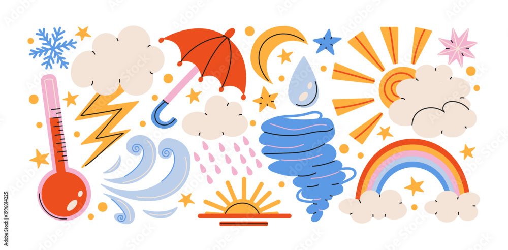 Obraz premium Weather symbols set with sun rain cloud and temperature in retro cartoon style. shapes: umbrella, rainbow, lightning, wind, tornado and forecast icons. climate elements collection for meteorology