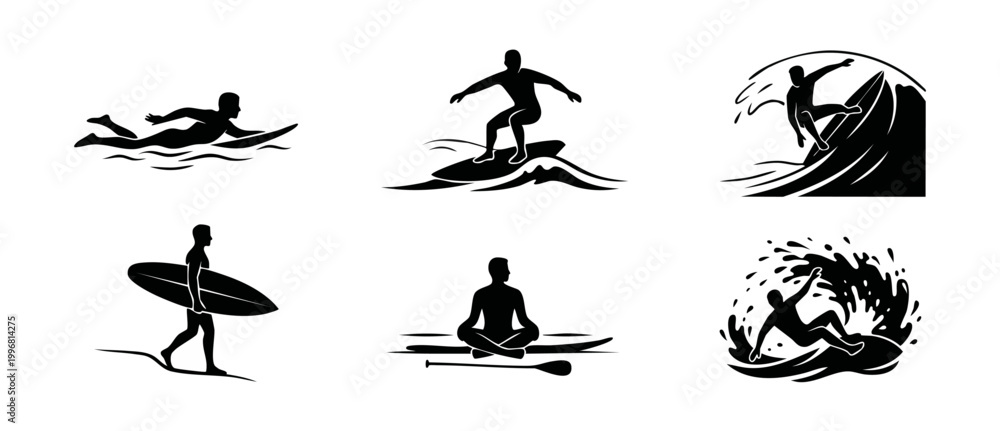 Fototapeta premium Surfer Silhouette Set Icons, Professional Surfing Poses and Board Actions, Water Sports Collection for Web Design, Black Graphics on White Background for Branding, Extreme Ocean Sport Activity Symbols