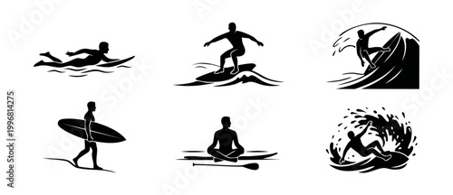 Surfer Silhouette Set Icons, Professional Surfing Poses and Board Actions, Water Sports Collection for Web Design, Black Graphics on White Background for Branding, Extreme Ocean Sport Activity Symbols