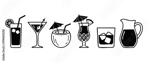 Cocktail icons set, tropical summer drinks and bar menu elements. Black silhouette collection of martini, coconut, whiskey, and beverage pitcher graphics for design, web, and party invitations style.