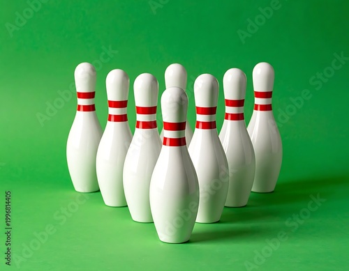 Bowling pins arranged in triangle formation.