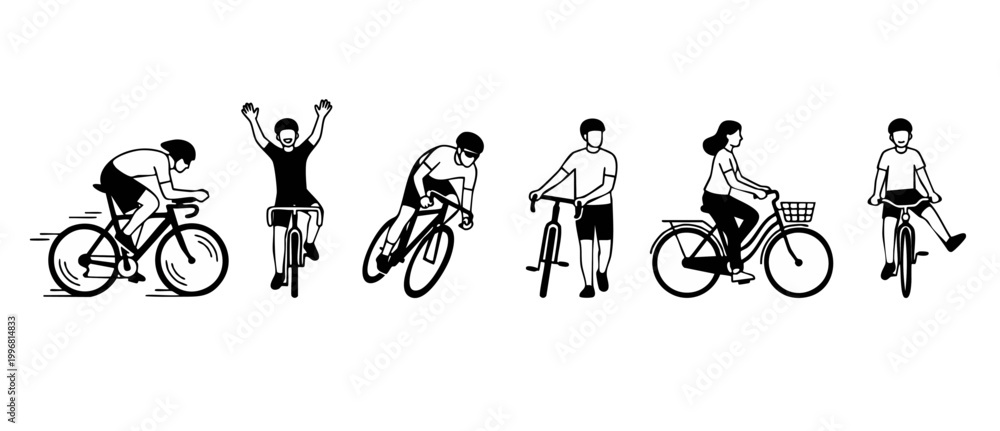 Obraz premium Cyclists riding bicycles flat vector icons set, collection of people cycling, racing, commuting and walking with bikes in simple minimalist black and white line art style for infographic web design