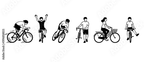 Cyclists riding bicycles flat vector icons set, collection of people cycling, racing, commuting and walking with bikes in simple minimalist black and white line art style for infographic web design