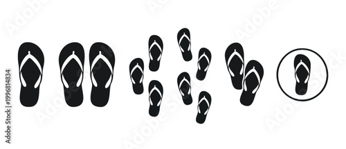 Flip flop icon set collection for summer beach vacation design, black silhouette sandal graphic symbols isolated on white background for footwear retail business, web design, and travel marketing proj